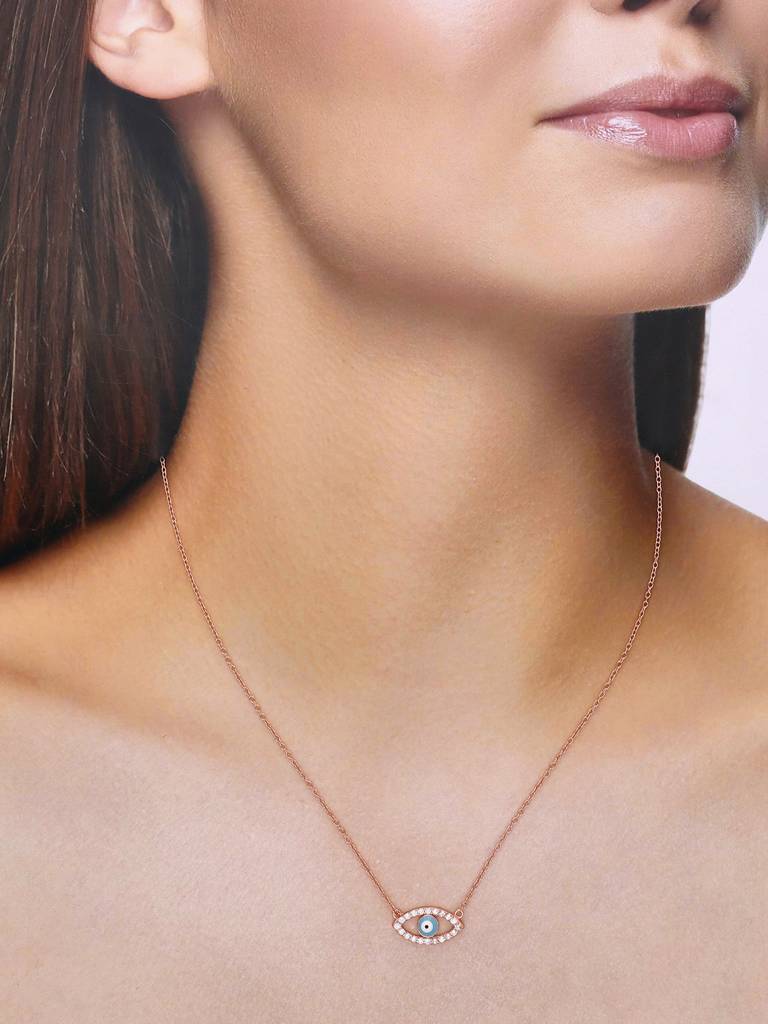Sterling Silver Rose Gold Minimalistic Single Evil Eye Studded Chain Necklace : NLCS236-RG-NA