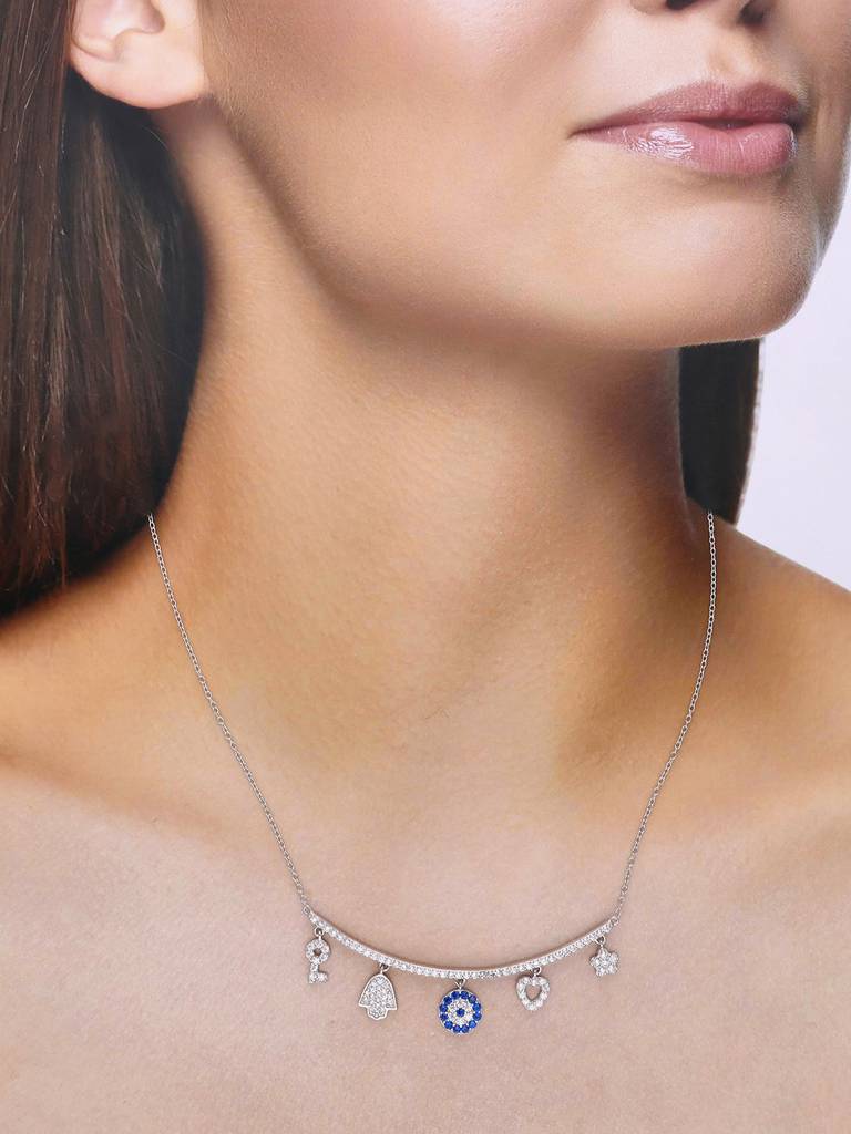 Sterling Silver Multi Charm Evil Eye Chain Necklace : NLCS239-S-NA