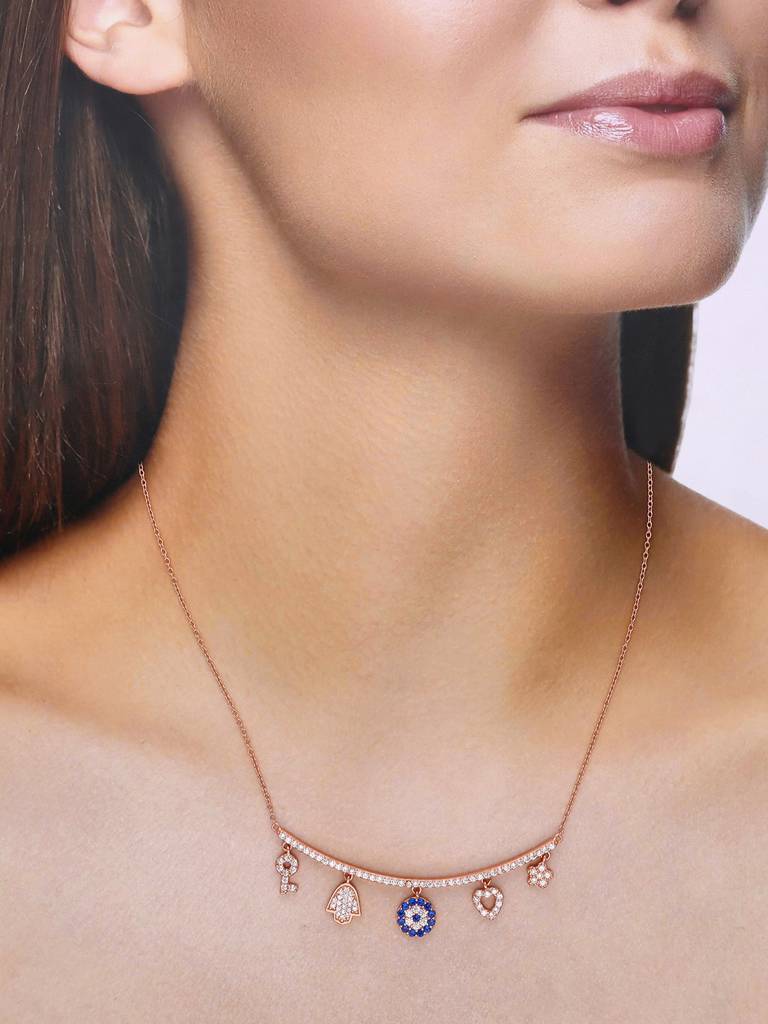 Sterling Silver Rose Gold Multi Charm Evil Eye Chain Necklace : NLCS240-RG-NA