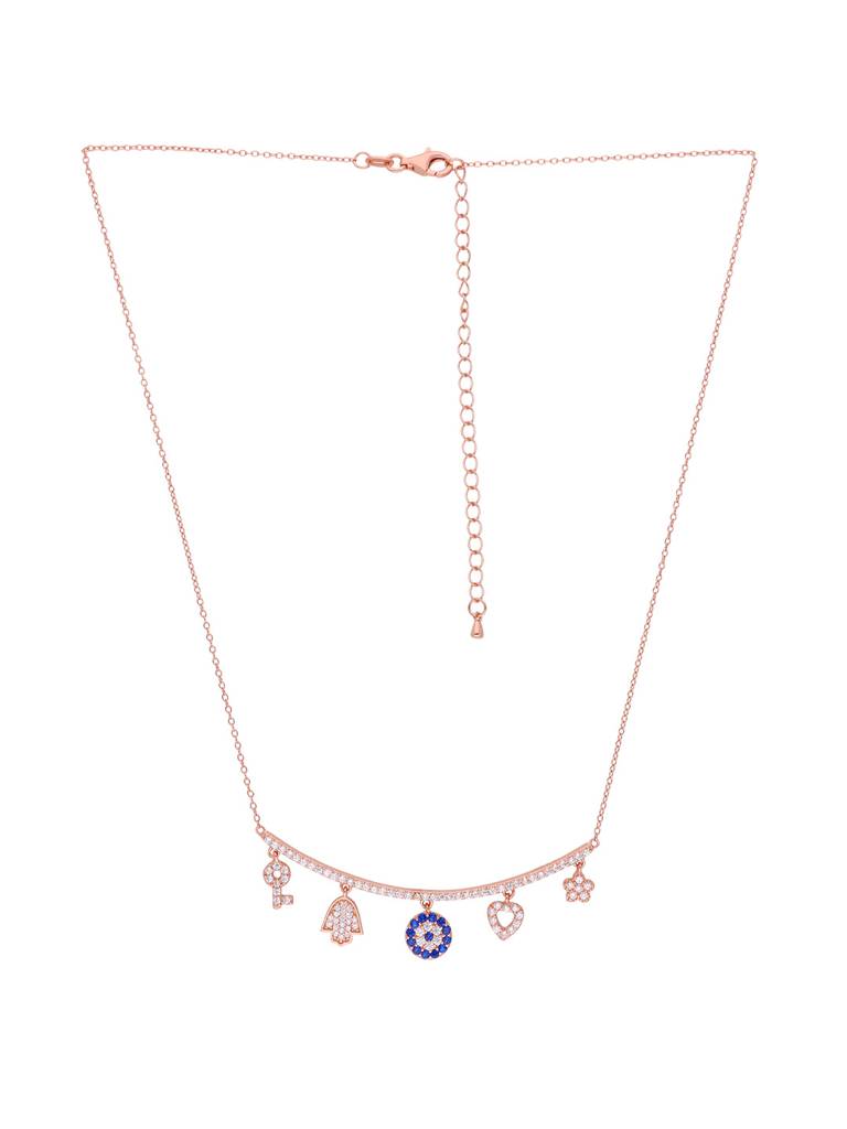 Sterling Silver Rose Gold Multi Charm Evil Eye Chain Necklace : NLCS240-RG-NA