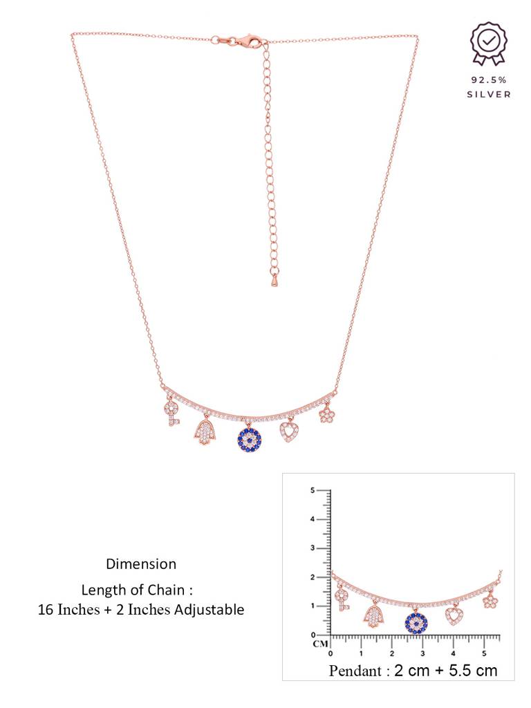 Sterling Silver Rose Gold Multi Charm Evil Eye Chain Necklace : NLCS240-RG-NA
