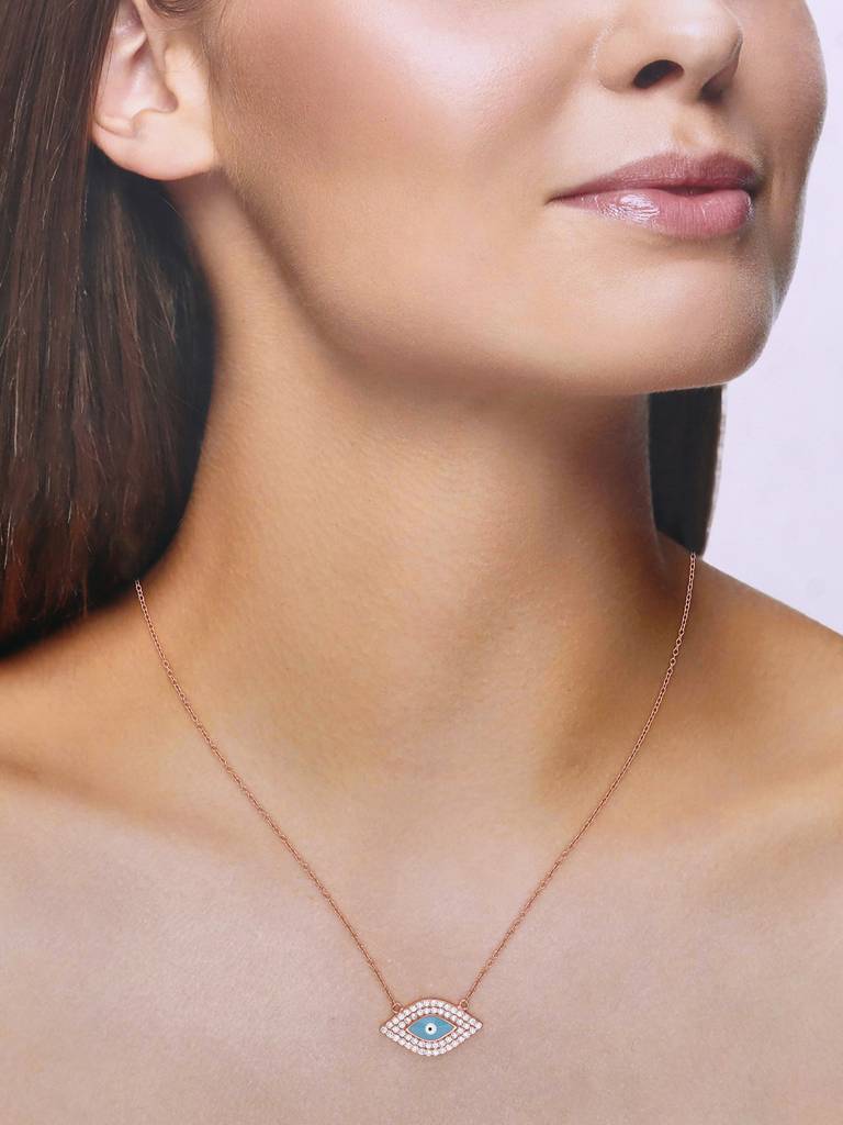 Sterling Silver Rose Gold Stylish Diamond Studded Evil Eye Chain Necklace : NLCS242-RG-NA