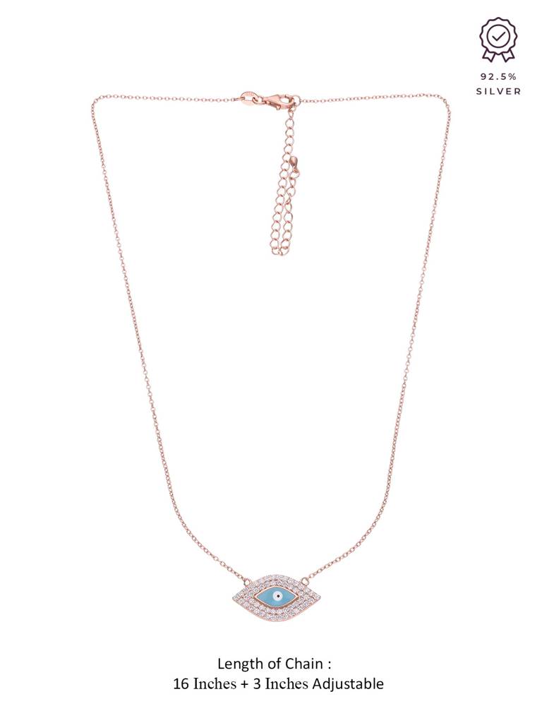 Sterling Silver Rose Gold Stylish Diamond Studded Evil Eye Chain Necklace : NLCS242-RG-NA