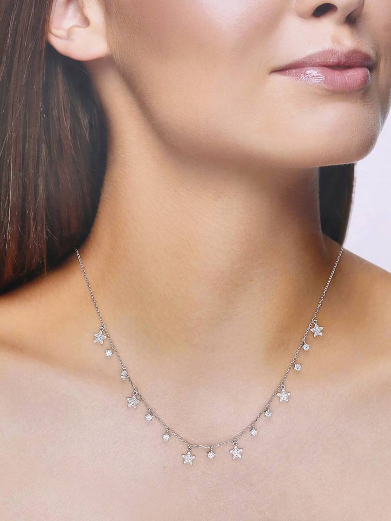 Sterling Silver Strand Of Stars Zircon Casual Necklace : NLCS243-S-NA