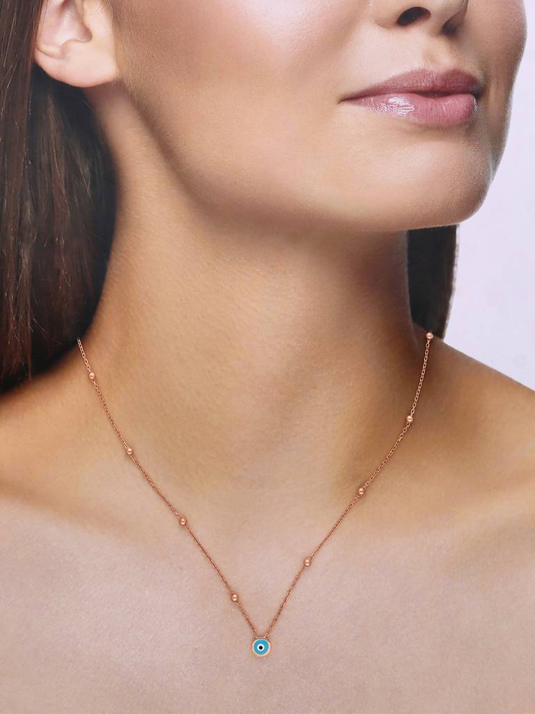 Sterling Silver Rose Gold Trendy Evil Eye & Beads Chain Necklace : NLCS277-RG-NA