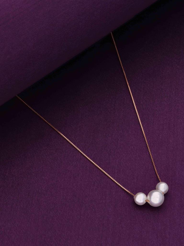 Sterling Silver Rose Gold Trilogy Of Pearls Chain Necklace : NLCS291-RG-NA
