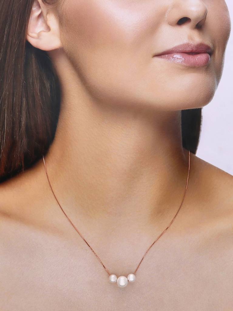 Sterling Silver Rose Gold Trilogy Of Pearls Chain Necklace : NLCS291-RG-NA
