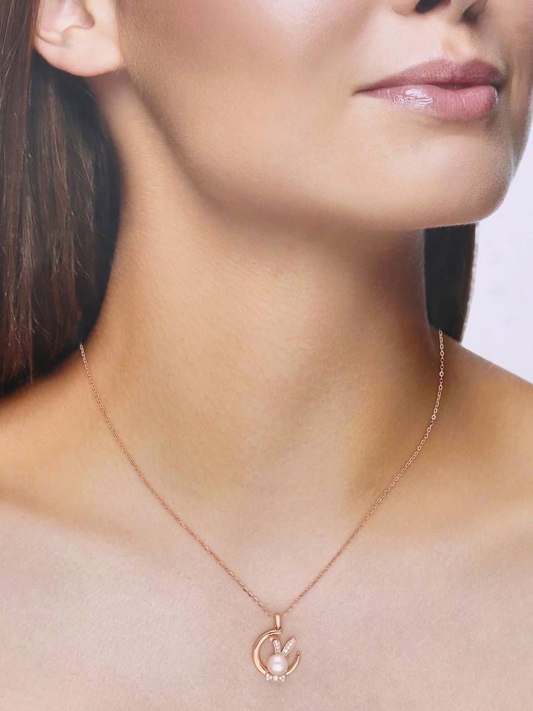 Sterling Silver Rose Gold Dainty Pearl Bunny Chain Necklace : NLCS389-RG-NA