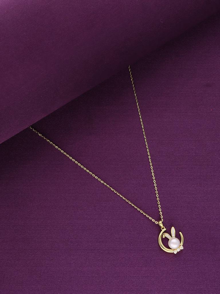Sterling Silver Gold Dainty Pearl Bunny Chain Necklace : NLCS390-G-NA