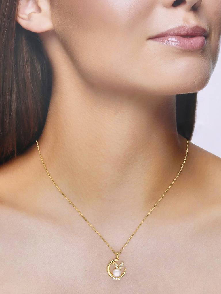 Sterling Silver Gold Dainty Pearl Bunny Chain Necklace : NLCS390-G-NA