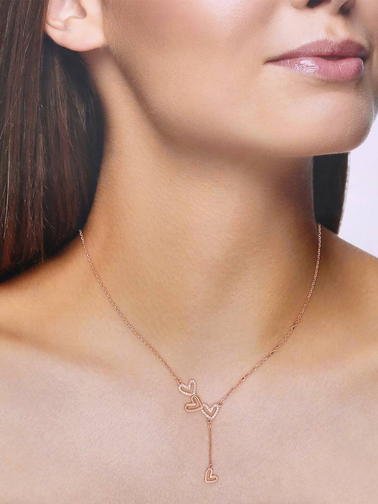 Sterling Silver Rose Gold A String Of Three Hearts Chain Necklace : NLCS391-RG-NA