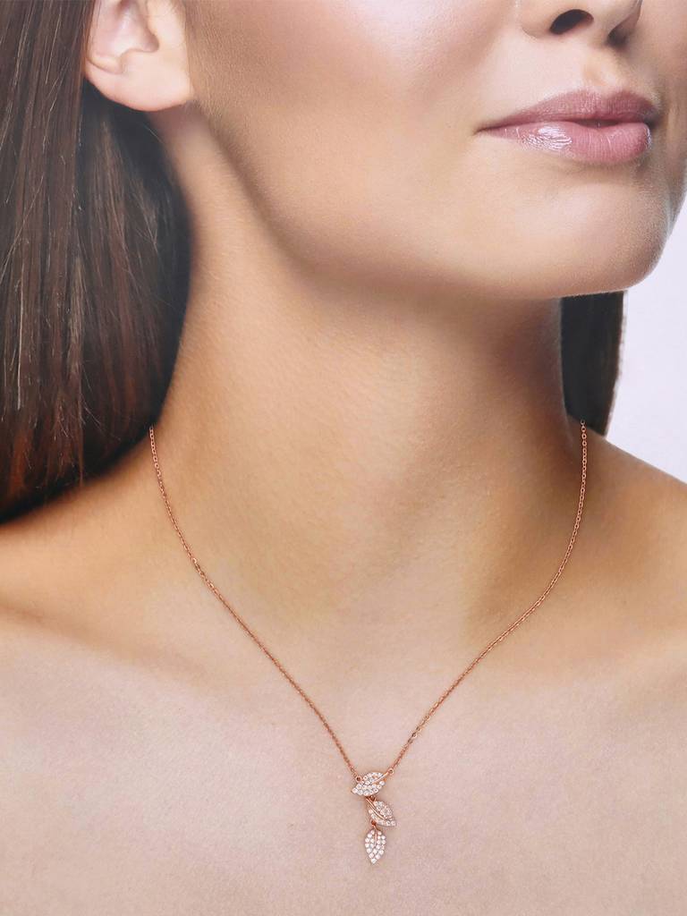 Sterling Silver Rose Gold Strand Of Leaves Casual Necklace : NLCS393-RG-NA