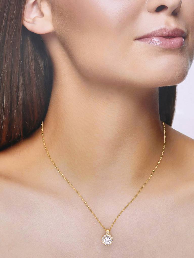 Sterling Silver Gold Minimal Crystal Casual Necklace : NLCS396-G-NA