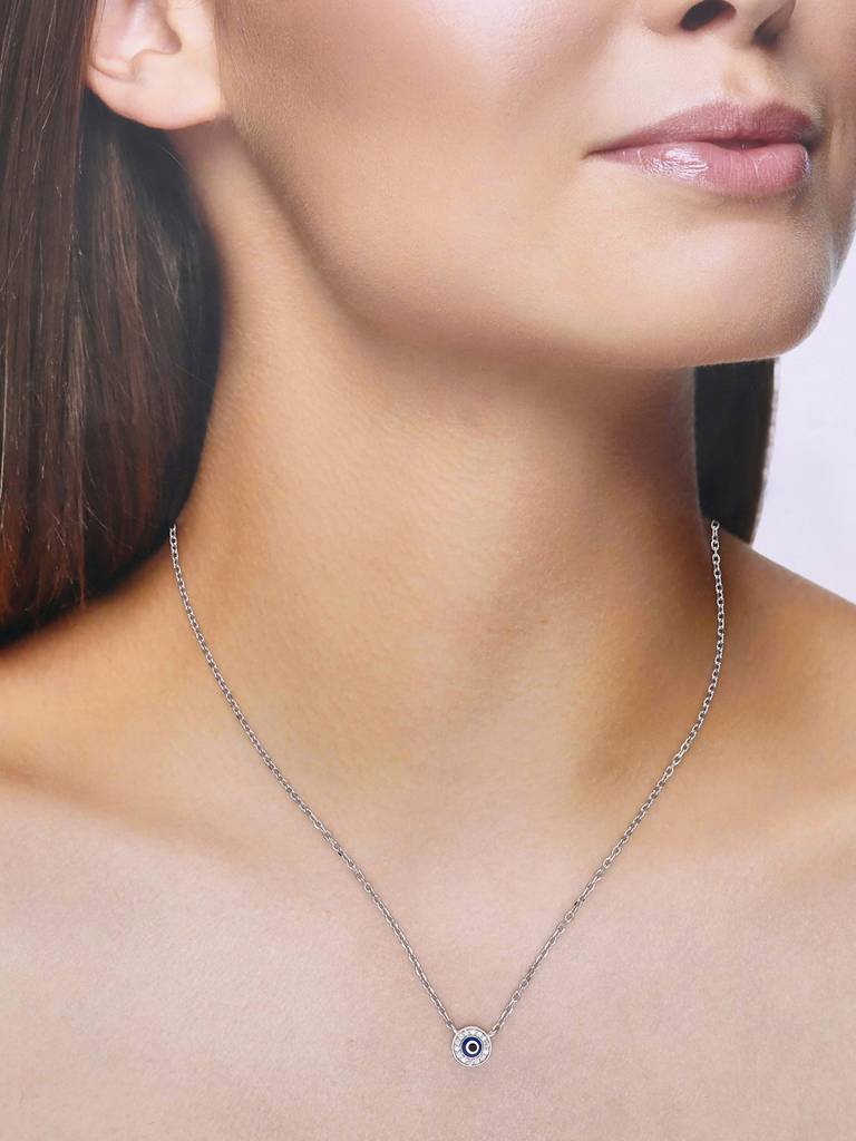 Sterling Silver Single Circular Diamond Rings Evil Eye Chain Necklace : NLCS416-S-NA