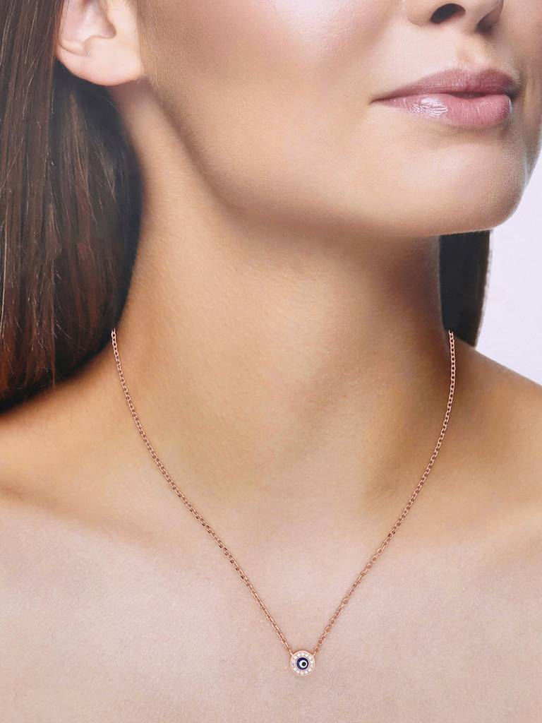 Sterling Silver Rose Gold Single Circular Diamond Rings Evil Eye Chain Necklace : NLCS417-RG-NA