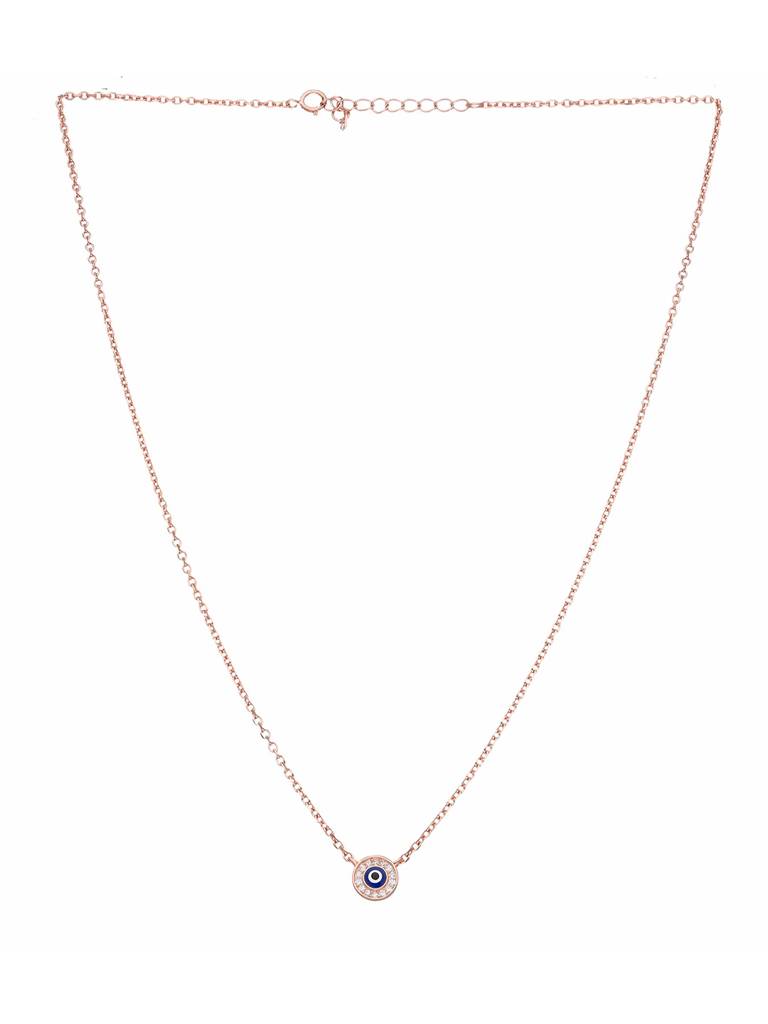 Sterling Silver Rose Gold Single Circular Diamond Rings Evil Eye Chain Necklace : NLCS417-RG-NA