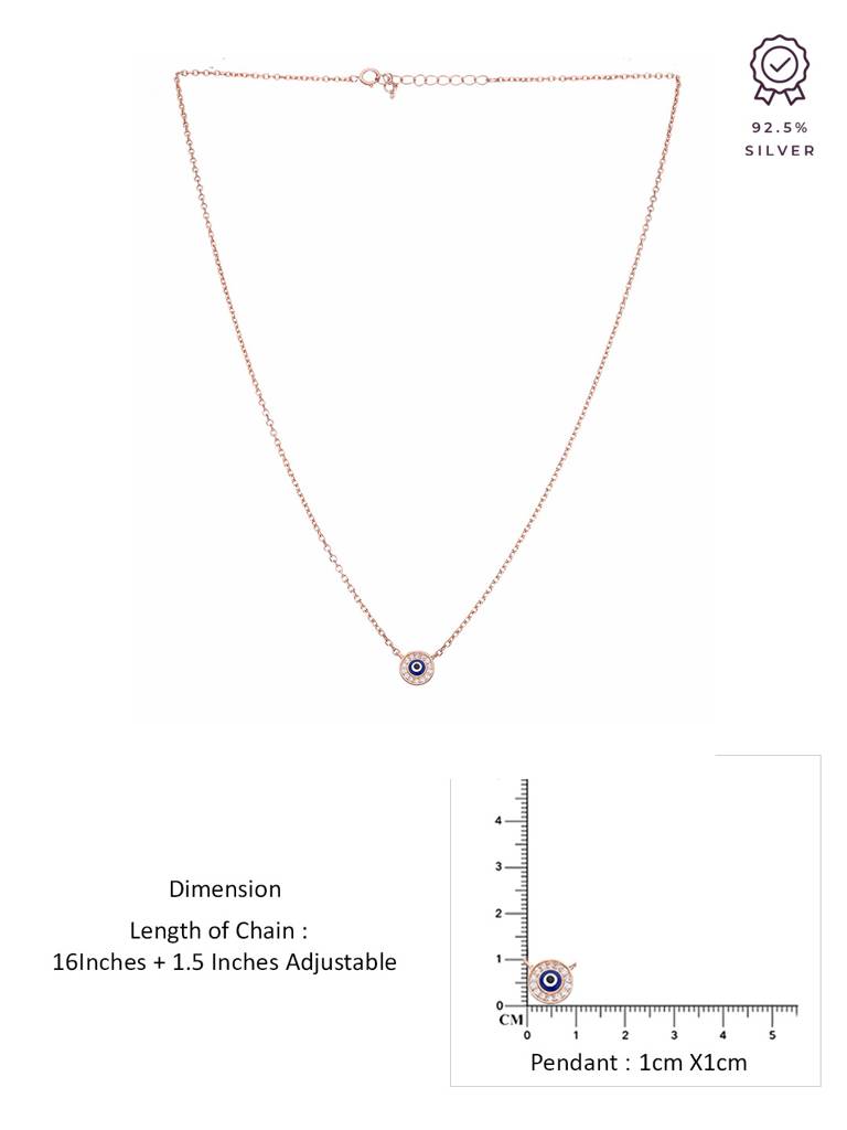 Sterling Silver Rose Gold Single Circular Diamond Rings Evil Eye Chain Necklace : NLCS417-RG-NA