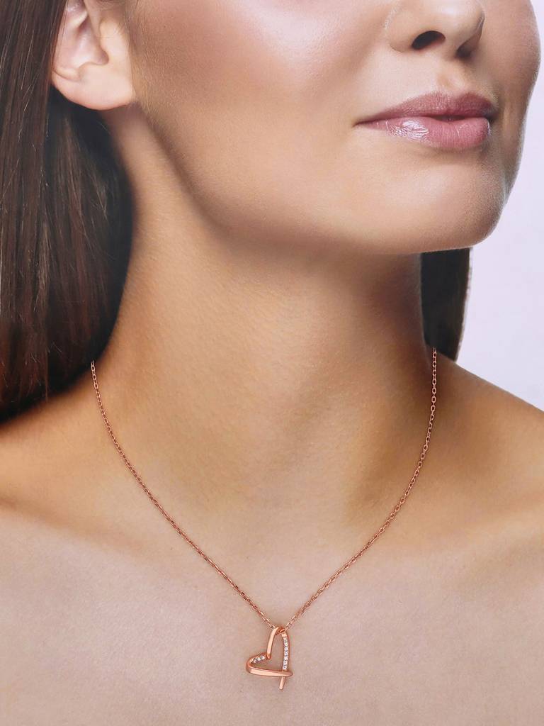 Sterling Silver Rose Gold Signature Heart Diamond Studded Chain Necklace : NLCS420-RG-NA