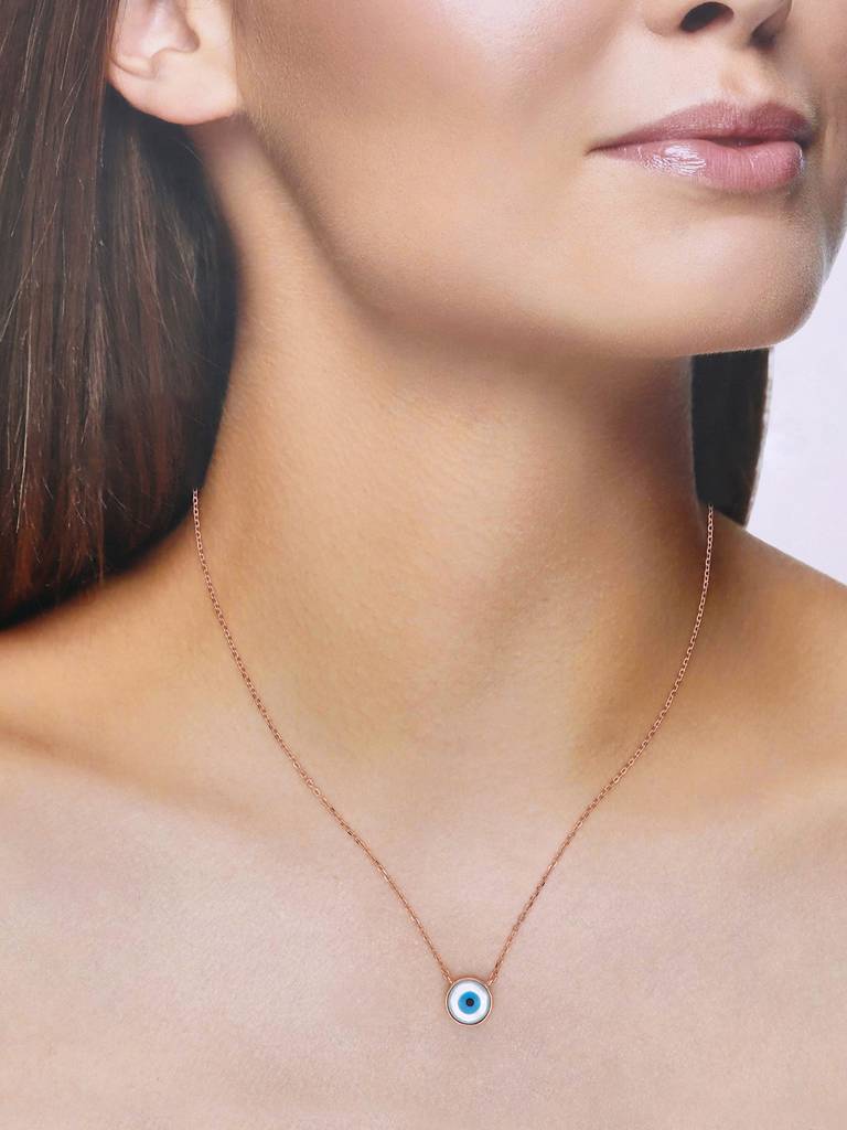 Sterling Silver Rose Gold Circular Simple Evil Eye Chain Necklace : NLCS424-RG-NA