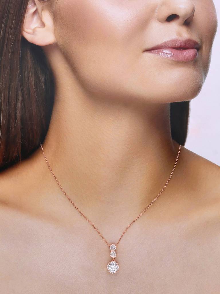 Sterling Silver Rose Gold Radiant Triple Zircon Drop Casual Necklace : NLCS425-RG-NA