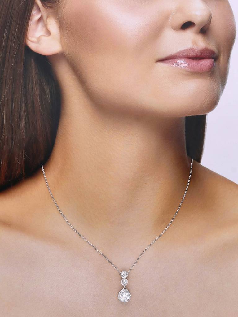 Sterling Silver Radiant Triple Zircon Drop Casual Necklace : NLCS425-S-NA
