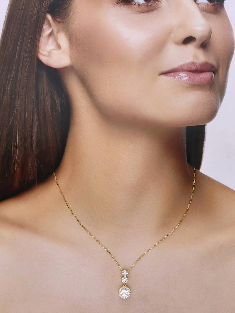Sterling Silver Gold Radiant Triple Zircon Drop Casual Necklace : NLCS426-G-NA