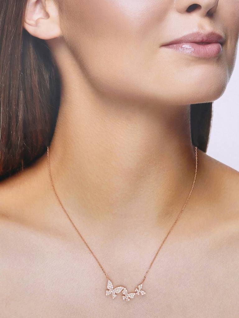 Sterling Silver Rose Gold Butterfly Casual Chain Necklace : NLCS428-RG-NA