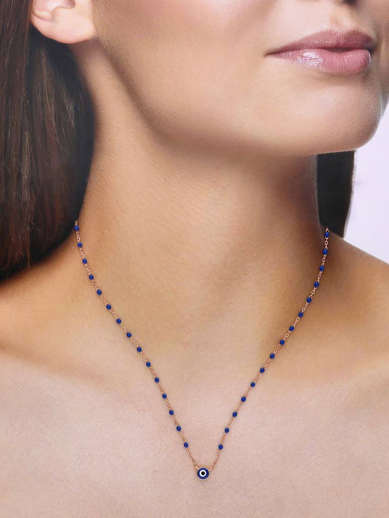 Sterling Silver Rose Gold Single Evil Eye Blue Beads Chain Necklace : NLCS432-RG-NA