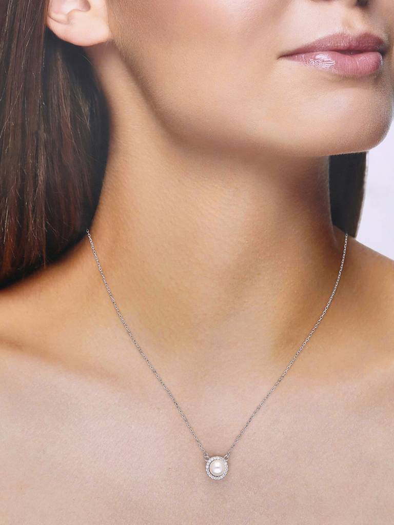 Sterling Silver Minimalistic Orbiting Pearl Chain Necklace : NLCS433-S-NA