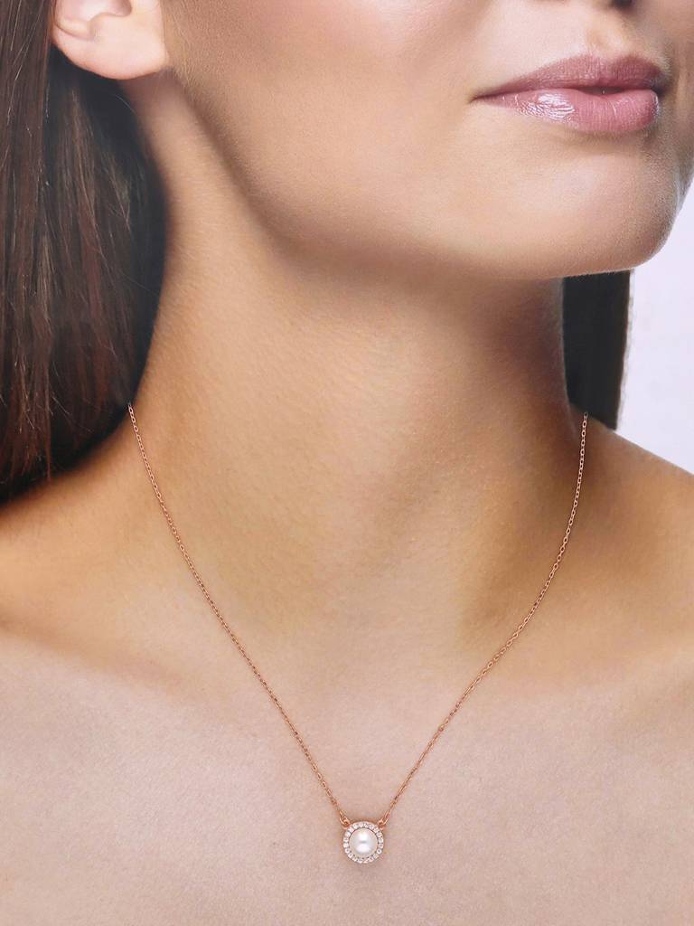 Sterling Silver Rose Gold Minimalistic Orbiting Pearl Chain Necklace : NLCS434-RG-NA