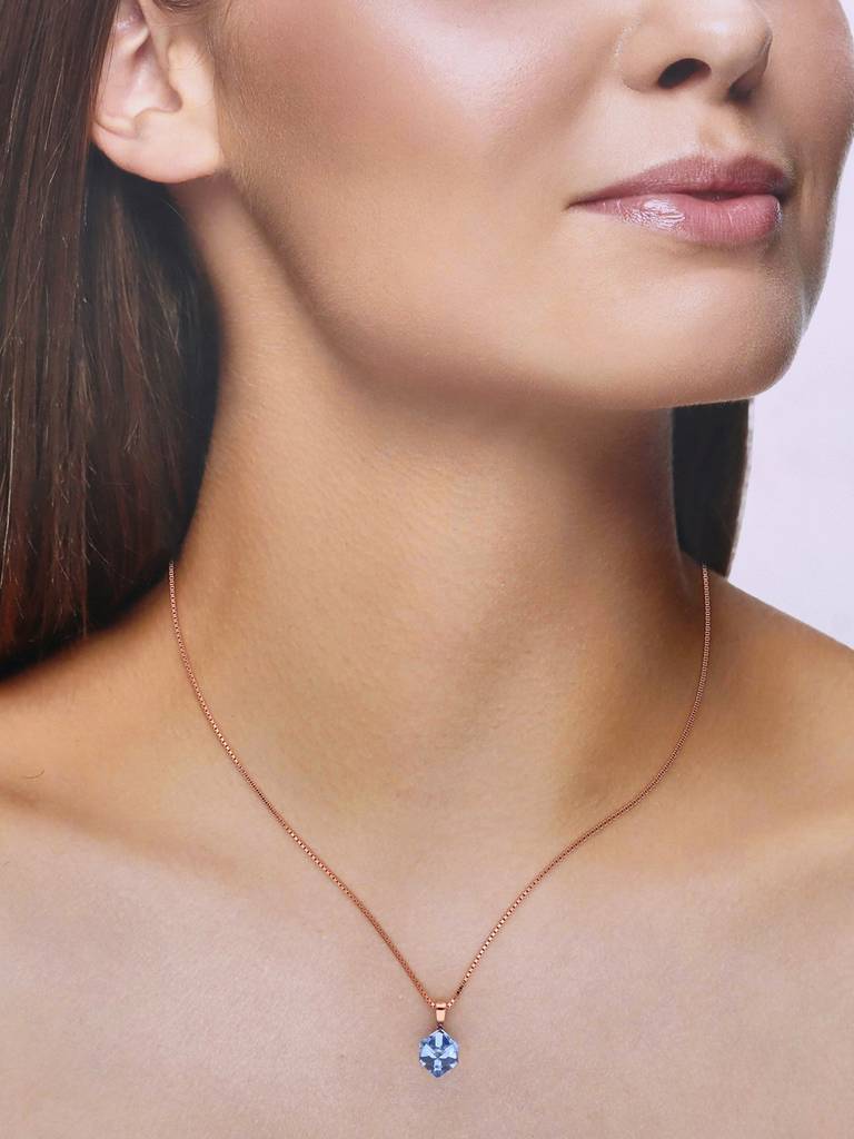 Sterling Silver Rose Gold Shiny Blue Crystal Casual Necklace : NLCS442-RG-NA