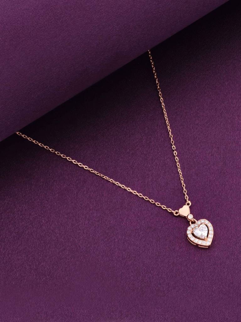 Sterling Silver Rose Gold Dainty Heart Diamond Studded Chain Necklace : NLCS485-RG-NA