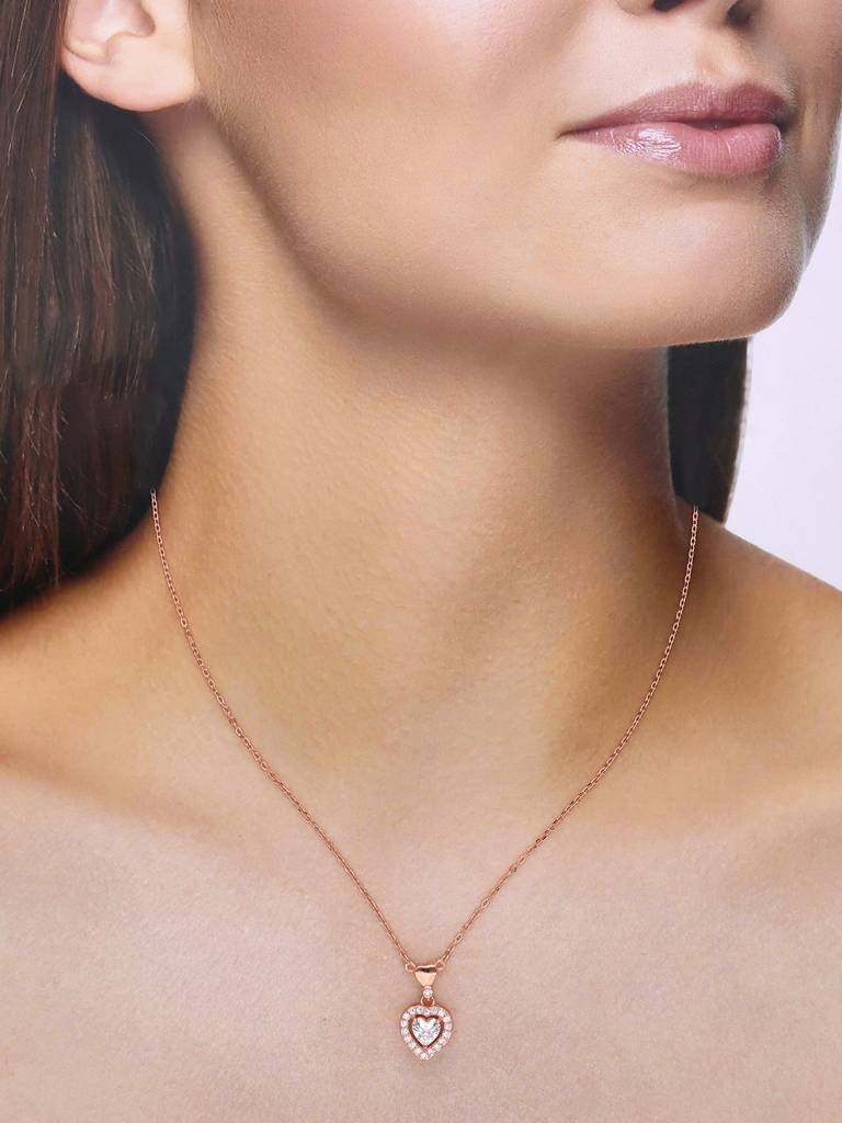 Sterling Silver Rose Gold Dainty Heart Diamond Studded Chain Necklace : NLCS485-RG-NA