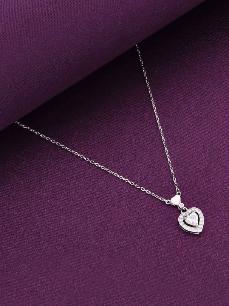 Sterling Silver Dainty Heart Diamond Studded Chain Necklace : NLCS485-S-NA