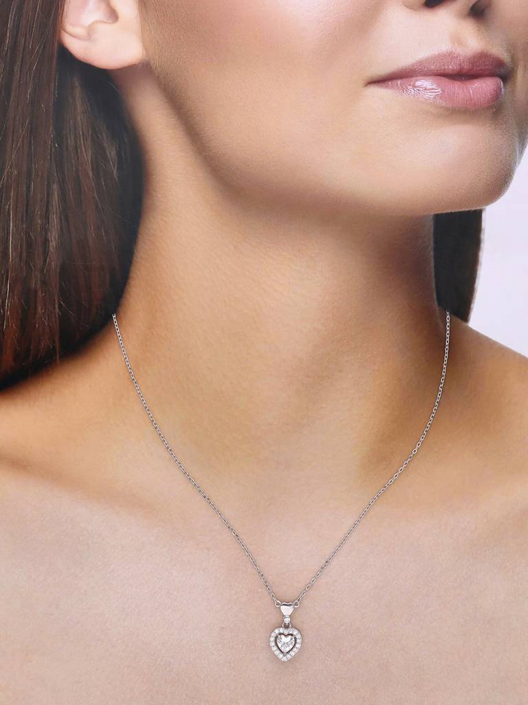 Sterling Silver Dainty Heart Diamond Studded Chain Necklace : NLCS485-S-NA