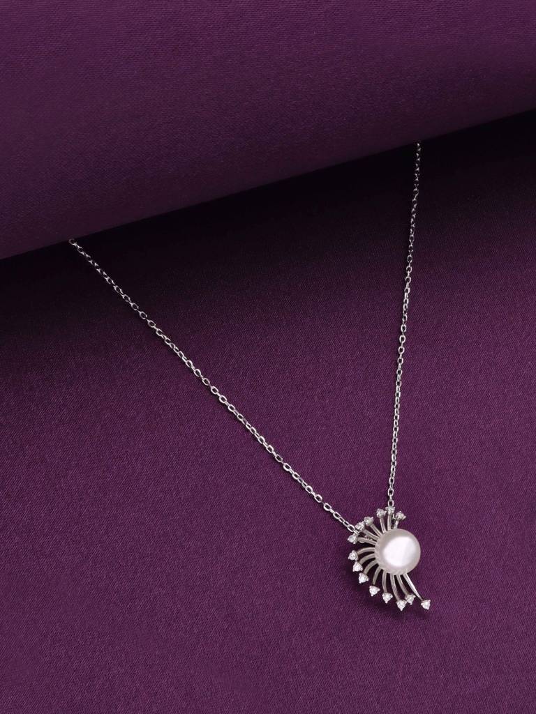 Sterling Silver The Lovely Zircon & Pearl Casual Necklace : NLCS493-S-NA