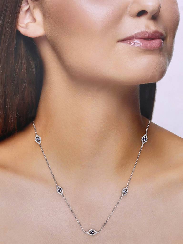 Sterling Silver Minimalistic Multiple Evil Eye Studded Chain Necklace : NLCS499-S-NA