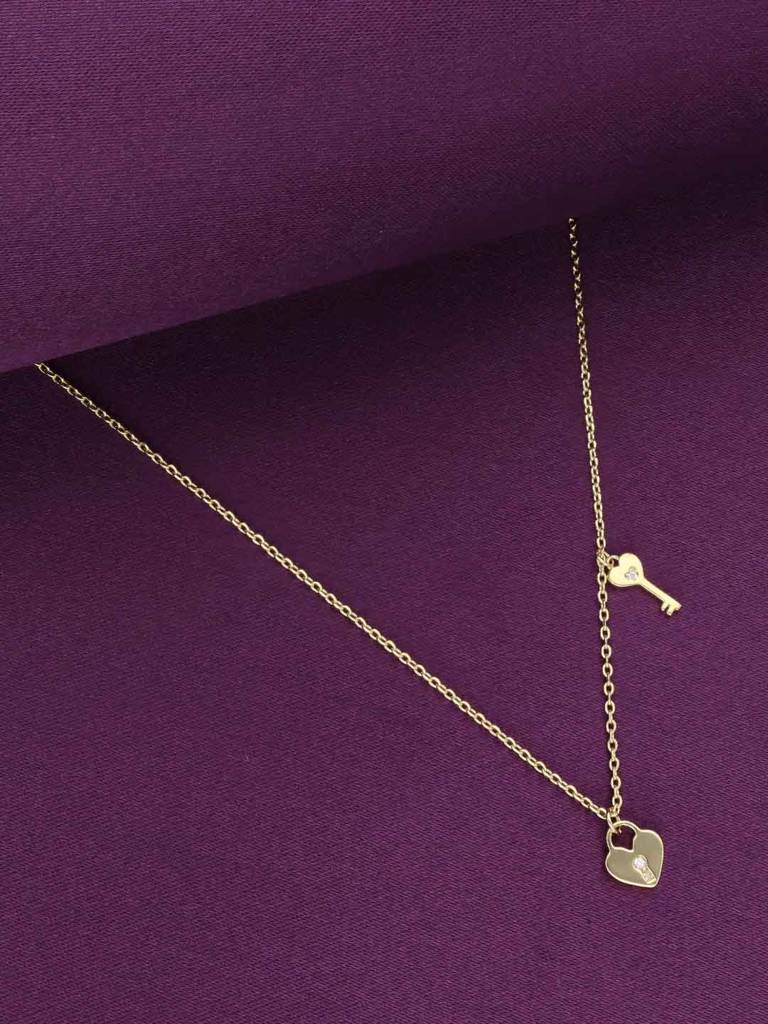 Sterling Silver Gold Heart Lock & Key Necklace : NLCS501-G-NA