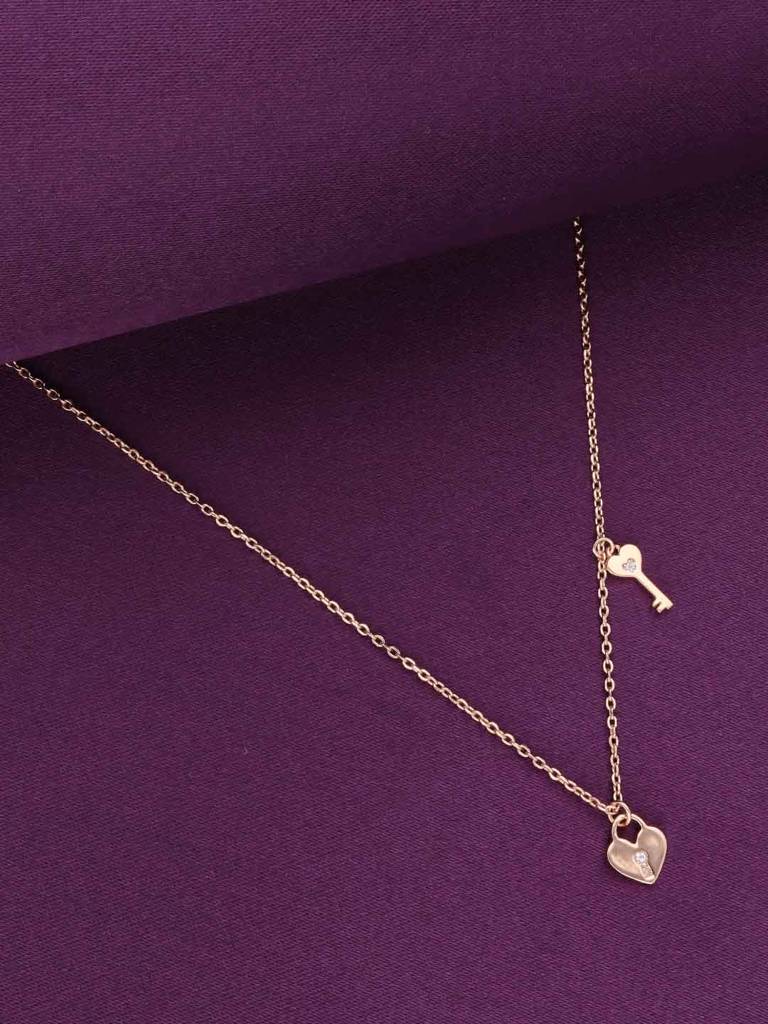 Sterling Silver Rose Gold Heart Lock & Key Necklace : NLCS501-RG-NA