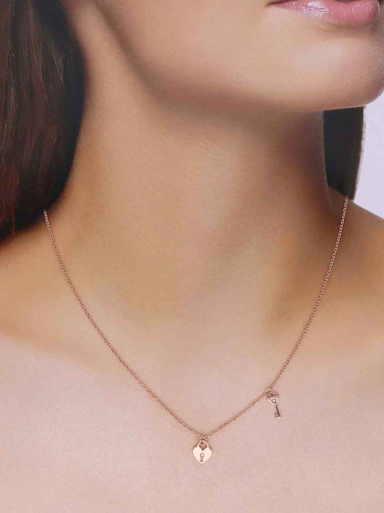Sterling Silver Rose Gold Heart Lock & Key Necklace : NLCS501-RG-NA