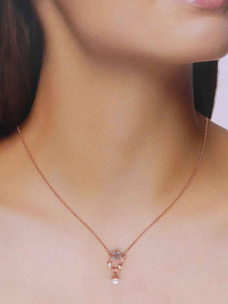 Sterling Silver Rose Gold Floral Pearl Drop Necklace : NLCS503-RG-NA