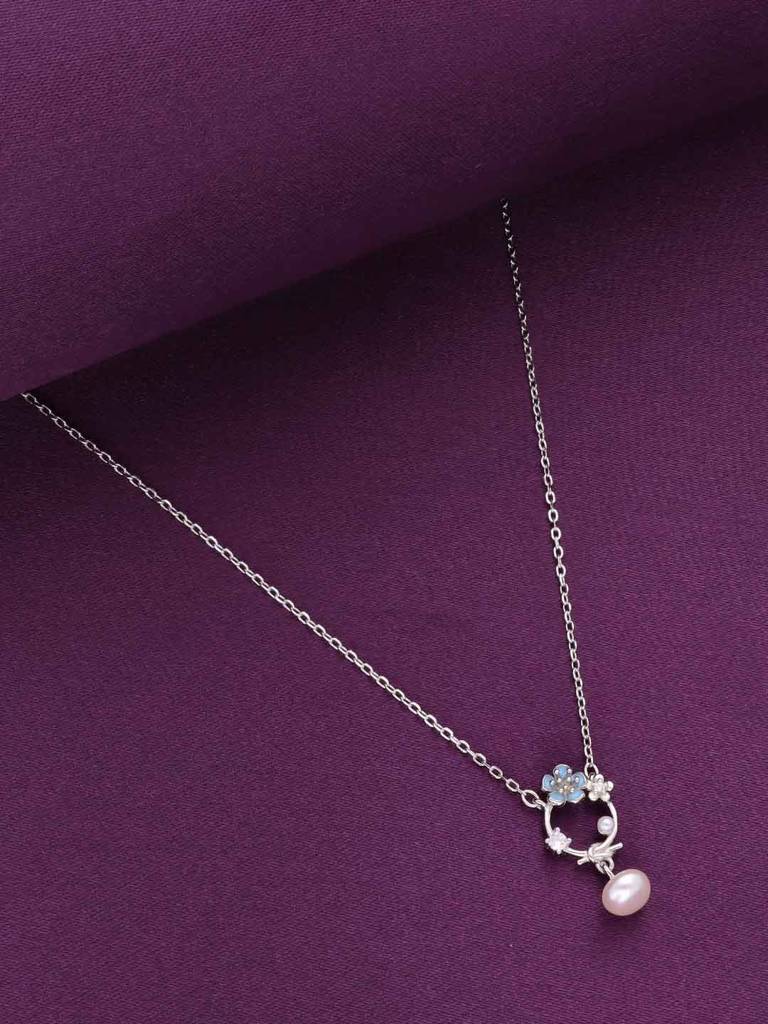Sterling Silver Floral Pearl Drop Necklace : NLCS503-S-NA