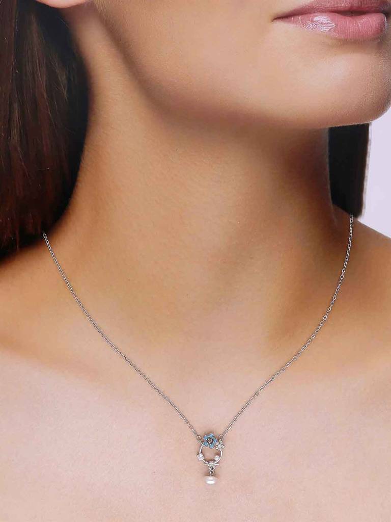 Sterling Silver Floral Pearl Drop Necklace : NLCS503-S-NA