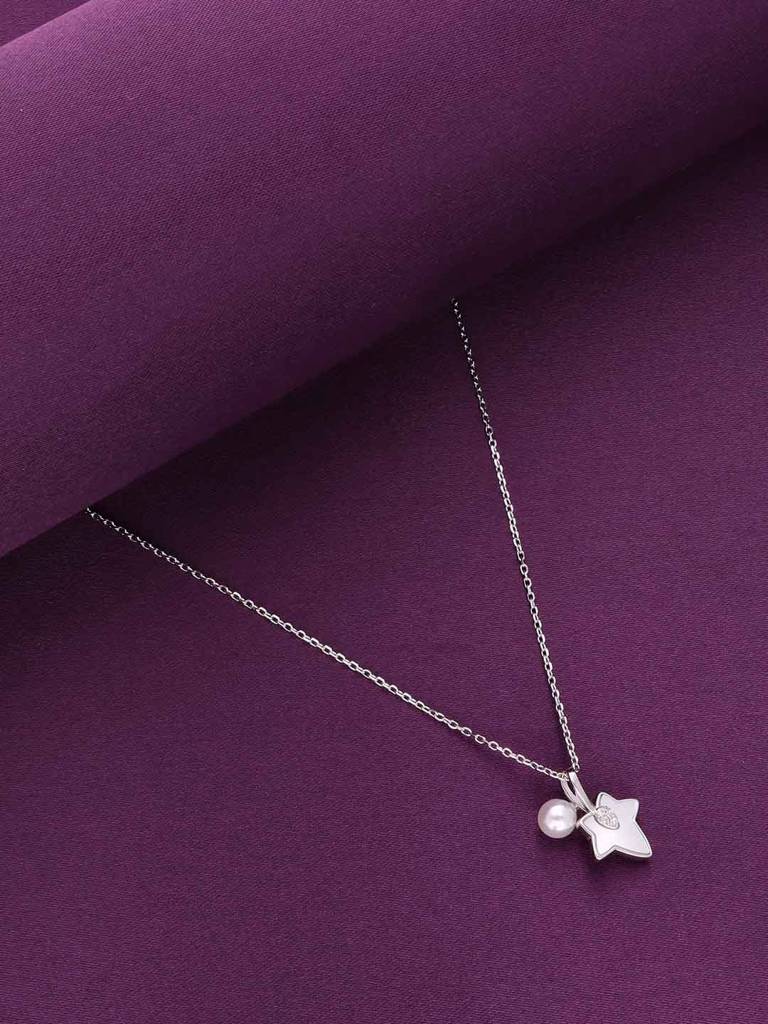 Sterling Silver Maple Leaf & Pearl Drop Necklace : NLCS505-S-NA