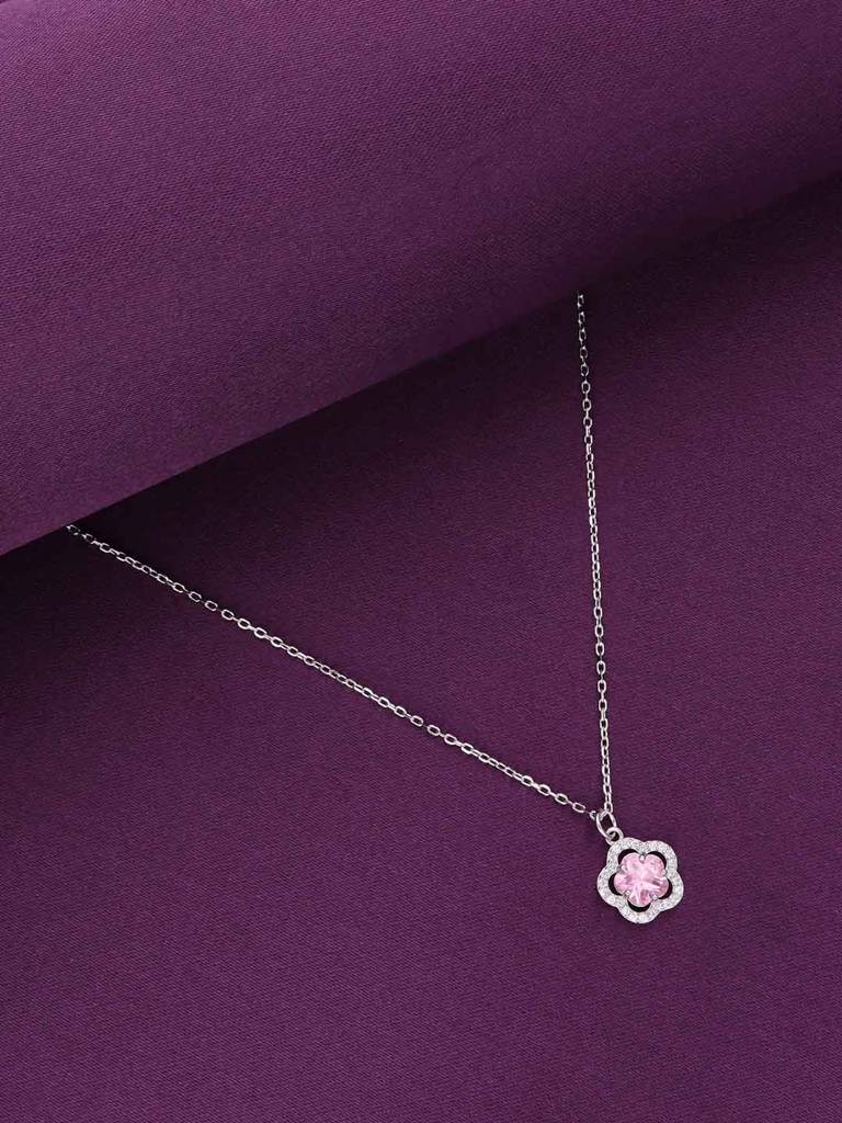 Sterling Silver Pink Zircon Floral Necklace : NLCS511-S-NA