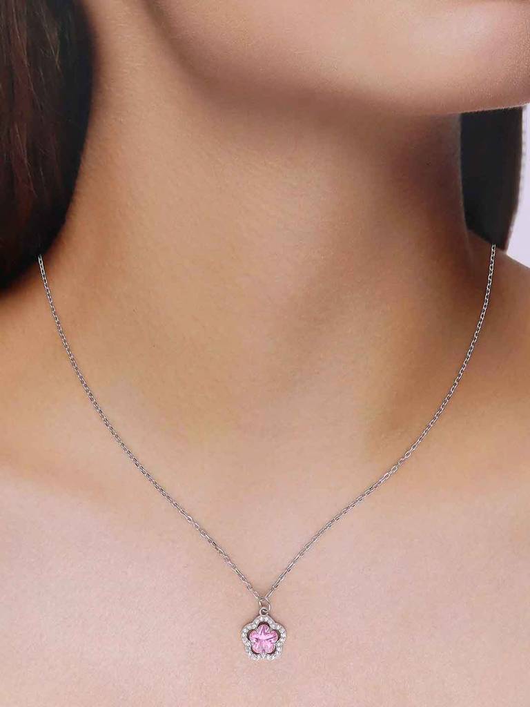 Sterling Silver Pink Zircon Floral Necklace : NLCS511-S-NA