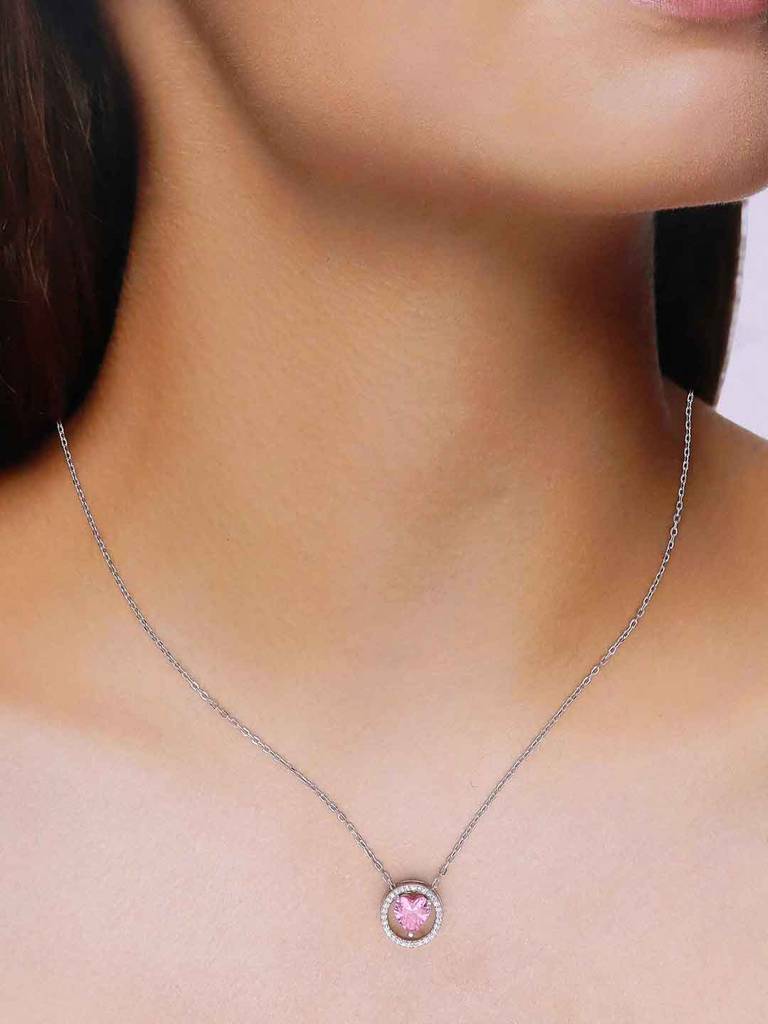 Sterling Silver Pink Zircon Heart Necklace : NLCS514-S-NA