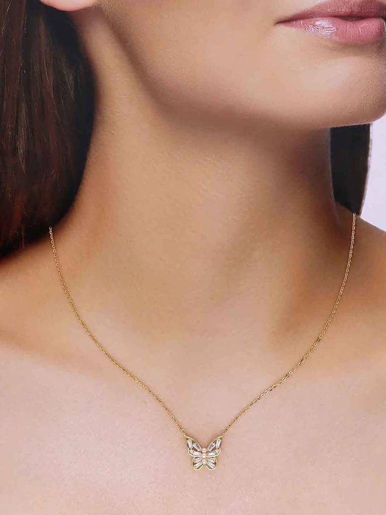 Sterling Silver Gold Pearl Encrusted Butterfly Necklace : NLCS516-G-NA