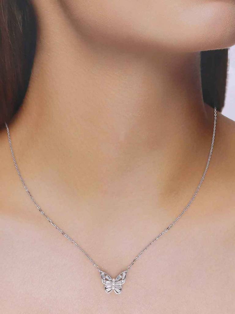 Sterling Silver Pearl Encrusted Butterfly Necklace : NLCS516-S-NA