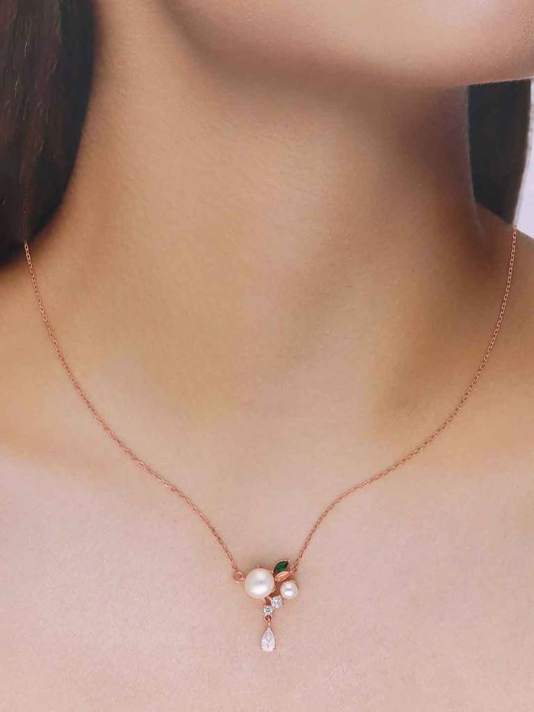 Sterling Silver Rose Gold Solitaire Drop Necklace : NLCS517-RG-NA